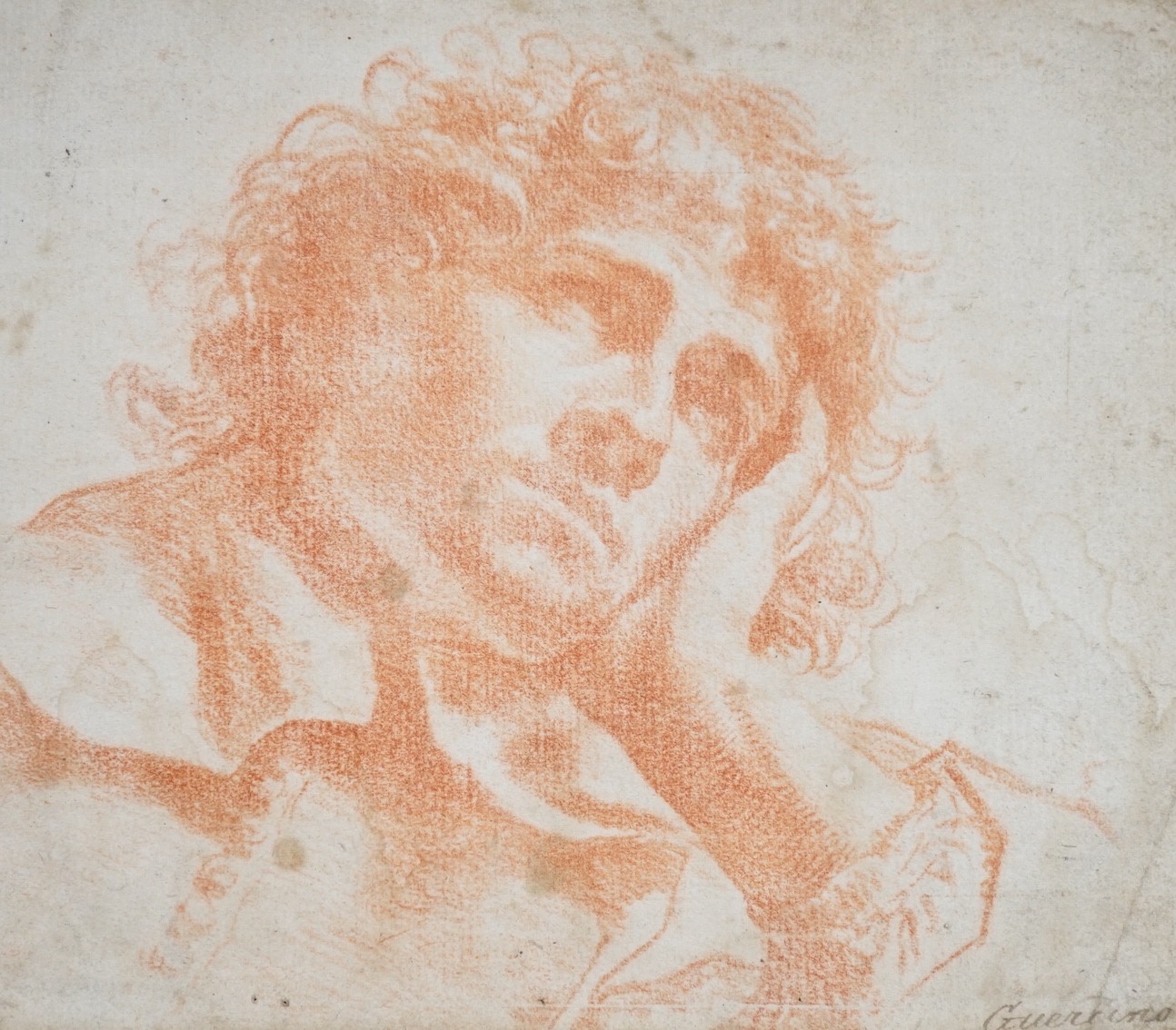 After Guercino, sanguine chalk on paper, Head study, bears signature, 18 x 21cm, unframed